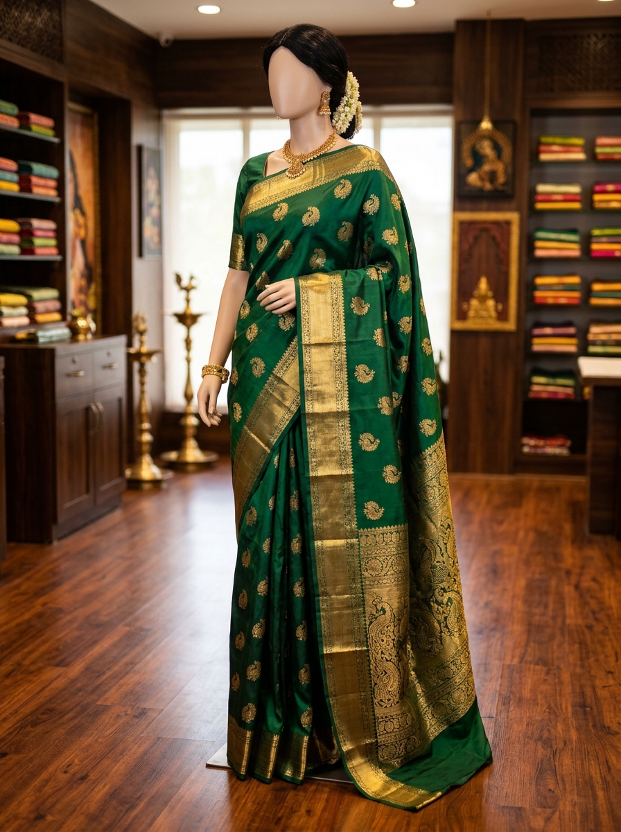 Emerald Green Mayil Motif Silk Saree