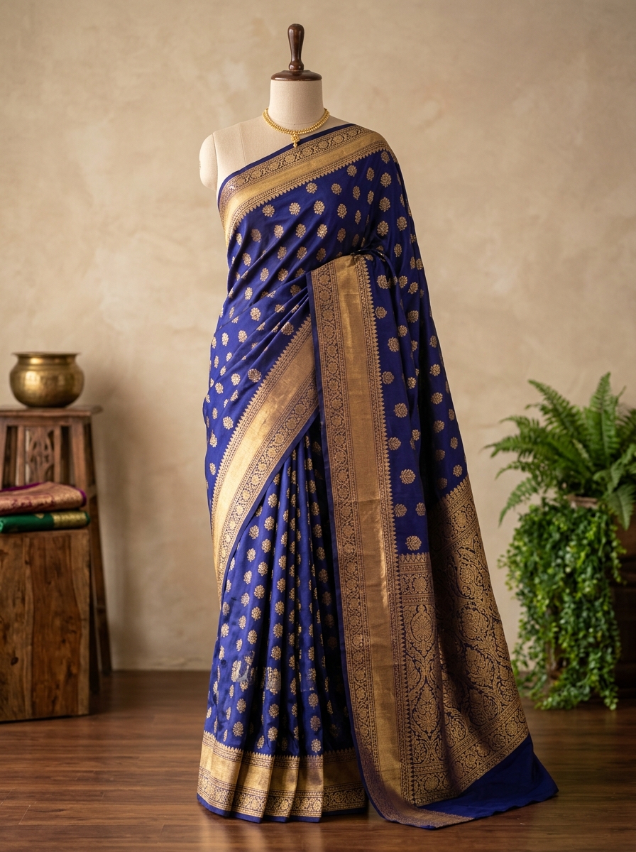 Royal Navy Blue Brocade Silk Saree